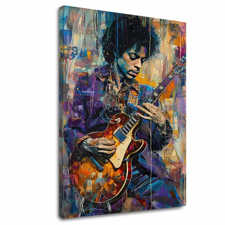 Modern vászonkép motívummal: Jimi Hendrix - Gitara v plameňoch lila-fehér árnyalatokban, energikus hangulat, kreativitás | Kép Jimi Hendrix - Gitara v plameňoch – fő