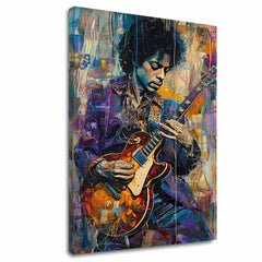 Modern vászonkép motívummal: Jimi Hendrix - Gitara v plameňoch lila-fehér árnyalatokban, energikus hangulat, kreativitás | Kép Jimi Hendrix - Gitara v plameňoch – fő