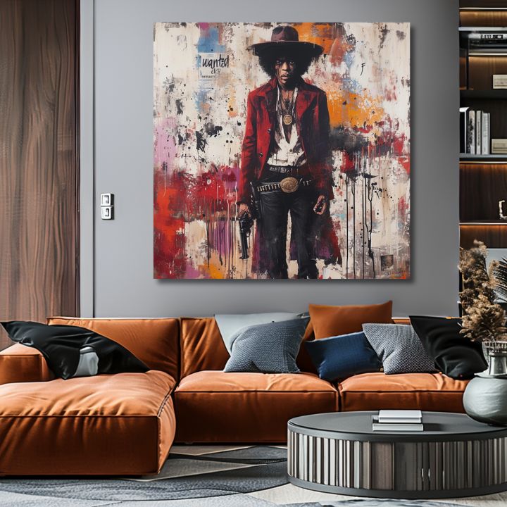 Modern vászonkép motívummal: Jimi Hendrix - Divoký západ v akryle fehér-piros árnyalatokban, merész hangulat, rock and roll és zenei történelem – termék