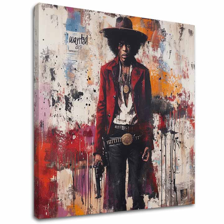 Modern vászonkép motívummal: Jimi Hendrix - Divoký západ v akryle fehér-piros árnyalatokban, merész hangulat, rock and roll és zenei történelem – fő