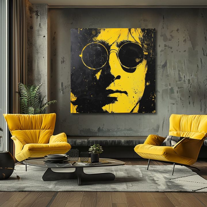 Modern vászonkép motívummal: John Lennon - Žltý tükröződés reality fekete-sárga árnyalatokban, merész hangulat, ikonográfia | Kép John Lennon - Žltý tükröződés reality – termék