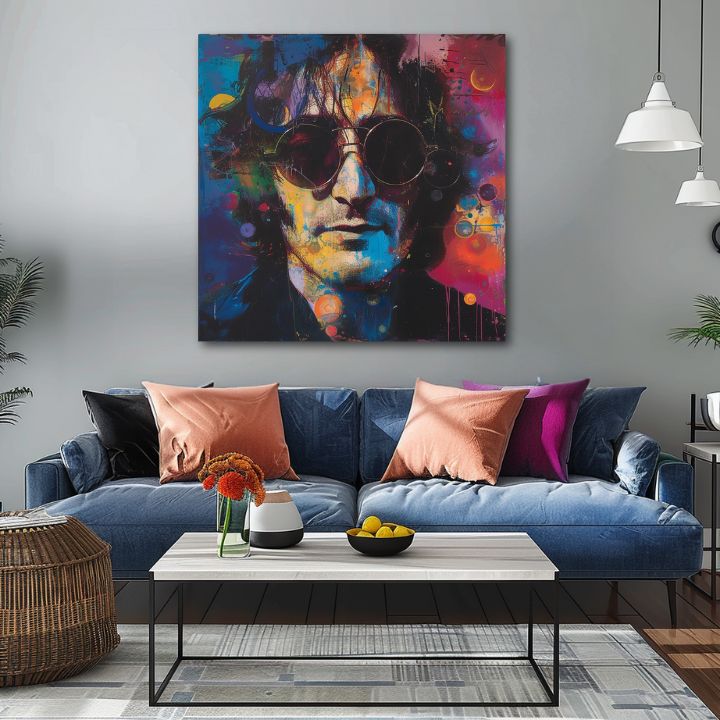 Modern vászonkép motívummal: John Lennon - Farebné predstavy kék-fekete árnyalatokban, energikus hangulat, rock and roll és popkultúra – termék, nézet 2