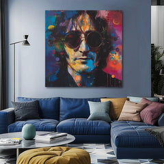 Modern vászonkép motívummal: John Lennon - Farebné predstavy kék-fekete árnyalatokban, energikus hangulat, rock and roll és popkultúra – termék