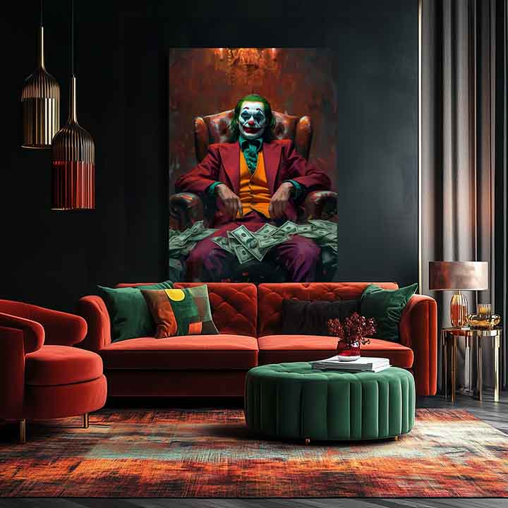 Modern vászonkép motívummal: Joker: Pán chaosu zöld-arany árnyalatokban, intenzív hangulat, erő és hatalom | Kép Joker: Pán chaosu – termék