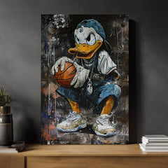 Modern vászonkép motívummal: LeBron Duck na vásznon fehér árnyalatokban, városi hangulat, popkultúra és nosztalgia | Kép LeBron Duck na vásznon – termék, nézet 2