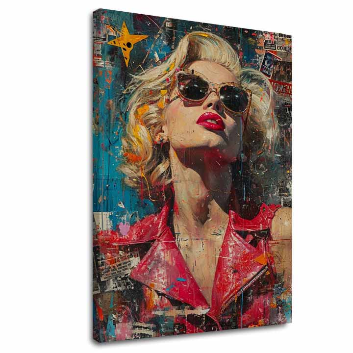 Modern vászonkép motívummal: Marilyn Monroe - Ikona v žiari svetiel piros-kék árnyalatokban, dicsőség és ikonográfia | Kép Marilyn Monroe - Ikona v žiari svetiel – fő