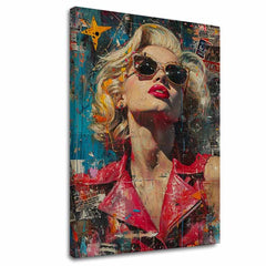 Modern vászonkép motívummal: Marilyn Monroe - Ikona v žiari svetiel piros-kék árnyalatokban, dicsőség és ikonográfia | Kép Marilyn Monroe - Ikona v žiari svetiel – fő