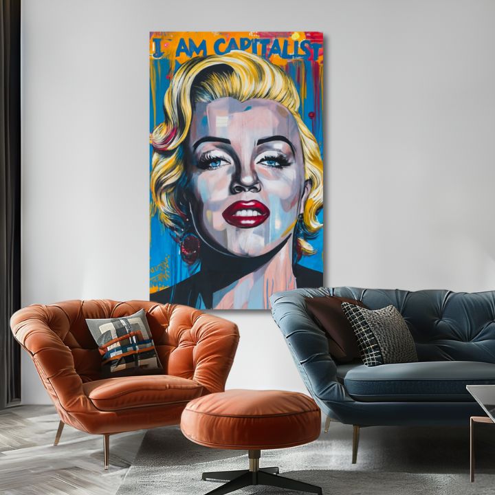 Modern vászonkép motívummal: Marilyn Monroe - Kapitalistický šarm arany-piros árnyalatokban, merész hangulat, dicsőség | Kép Marilyn Monroe - Kapitalistický šarm – termék, nézet 2
