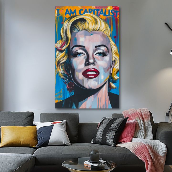 Modern vászonkép motívummal: Marilyn Monroe - Kapitalistický šarm arany-piros árnyalatokban, merész hangulat, dicsőség | Kép Marilyn Monroe - Kapitalistický šarm – termék