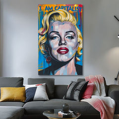 Modern vászonkép motívummal: Marilyn Monroe - Kapitalistický šarm arany-piros árnyalatokban, merész hangulat, dicsőség | Kép Marilyn Monroe - Kapitalistický šarm – termék
