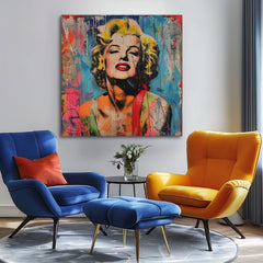 Modern vászonkép motívummal: Marilyn Monroe - Rebelka vo farbách sárga-piros árnyalatokban, energikus hangulat, dicsőség és ikonográfia | Kép Marilyn Monroe - Rebelka vo farbách – pr..., nézet 2