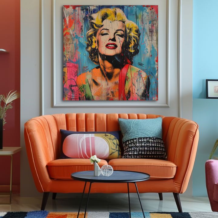 Modern vászonkép motívummal: Marilyn Monroe - Rebelka vo farbách sárga-piros árnyalatokban, energikus hangulat, dicsőség és ikonográfia | Kép Marilyn Monroe - Rebelka vo farbách – termék