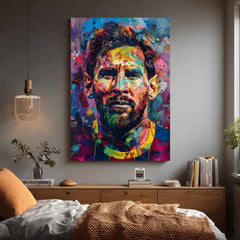 Modern vászonkép motívummal: Messi Vibes na vásznon sárga-lila árnyalatokban, energikus hangulat, dicsőség | Kép Messi Vibes na vásznon – termék, nézet 2