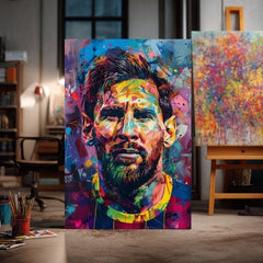 Modern vászonkép motívummal: Messi Vibes na vásznon sárga-lila árnyalatokban, energikus hangulat, dicsőség | Kép Messi Vibes na vásznon – termék