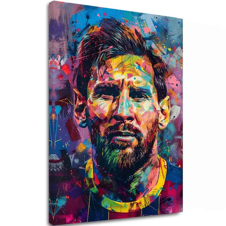 Modern vászonkép motívummal: Messi Vibes na vásznon sárga-lila árnyalatokban, energikus hangulat, dicsőség | Kép Messi Vibes na vásznon – fő