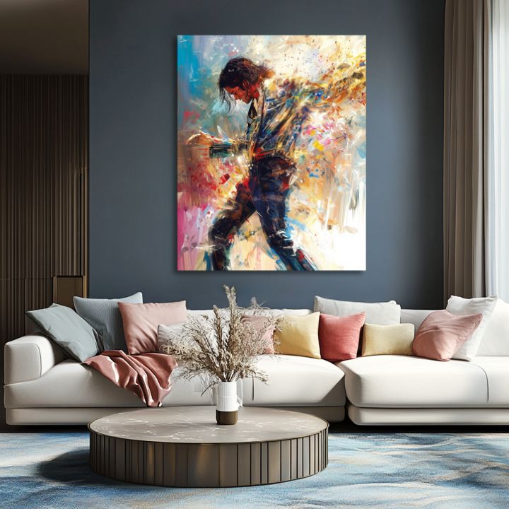 Modern vászonkép motívummal: Michael Jackson - Tanečná energia, táncosnő fehér-kék árnyalatokban, energikus hangulat | Kép Michael Jackson - Tanečná energia – termék