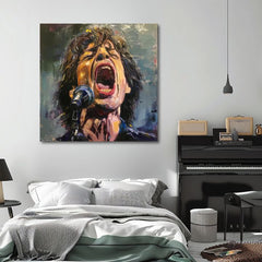 Modern vászonkép motívummal: Mick Jagger - Legenda na pódiu, mikrofon piros árnyalatokban, szenvedélyes hangulat, szenvedély | Kép Mick Jagger - Legenda na pódiu – termék, nézet 2
