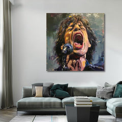 Modern vászonkép motívummal: Mick Jagger - Legenda na pódiu, mikrofon piros árnyalatokban, szenvedélyes hangulat, szenvedély | Kép Mick Jagger - Legenda na pódiu – termék