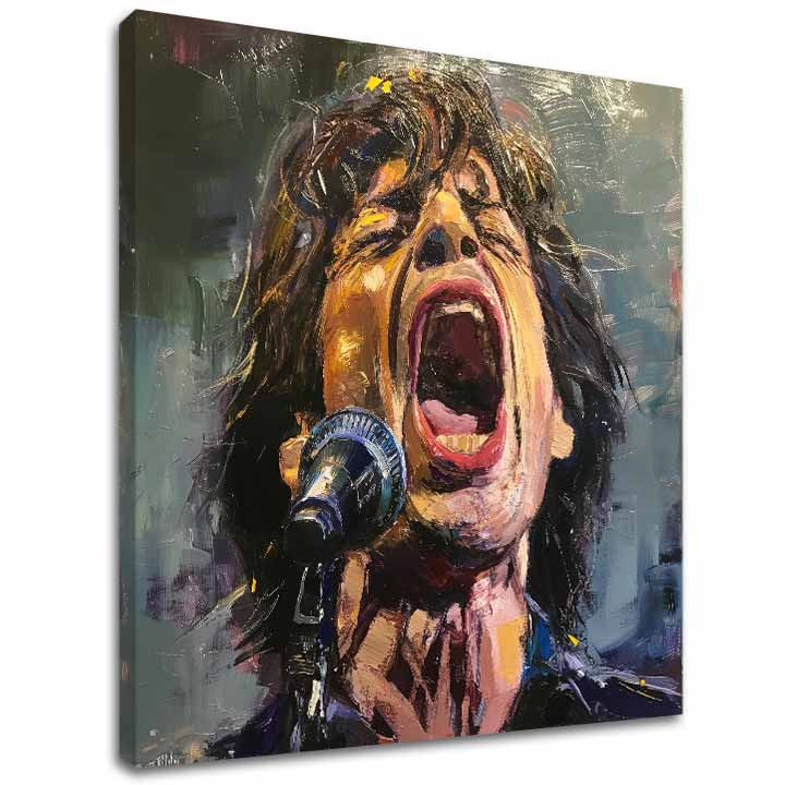 Modern vászonkép motívummal: Mick Jagger - Legenda na pódiu, mikrofon piros árnyalatokban, szenvedélyes hangulat, szenvedély | Kép Mick Jagger - Legenda na pódiu – fő