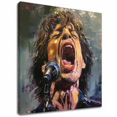 Modern vászonkép motívummal: Mick Jagger - Legenda na pódiu, mikrofon piros árnyalatokban, szenvedélyes hangulat, szenvedély | Kép Mick Jagger - Legenda na pódiu – fő