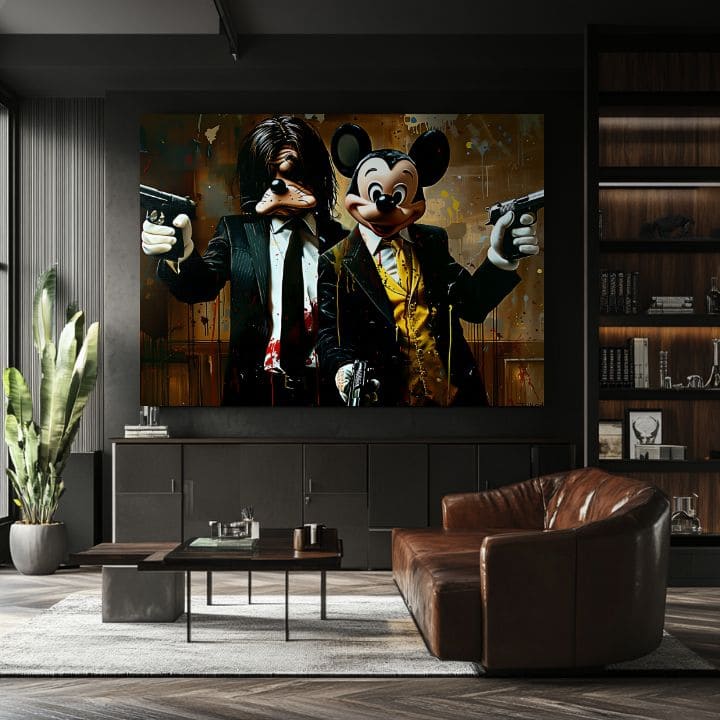 Modern vászonkép motívummal: Mickey and the Mobster fekete-barna árnyalatokban, merész hangulat, popkultúra | Kép Mickey and the Mobster – termék