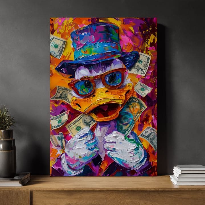 Modern vászonkép motívummal: Money Duck, szemüveg narancs-lila árnyalatokban, energikus hangulat, popkultúra | Kép Money Duck – termék, nézet 3