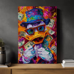 Modern vászonkép motívummal: Money Duck, szemüveg narancs-lila árnyalatokban, energikus hangulat, popkultúra | Kép Money Duck – termék, nézet 3