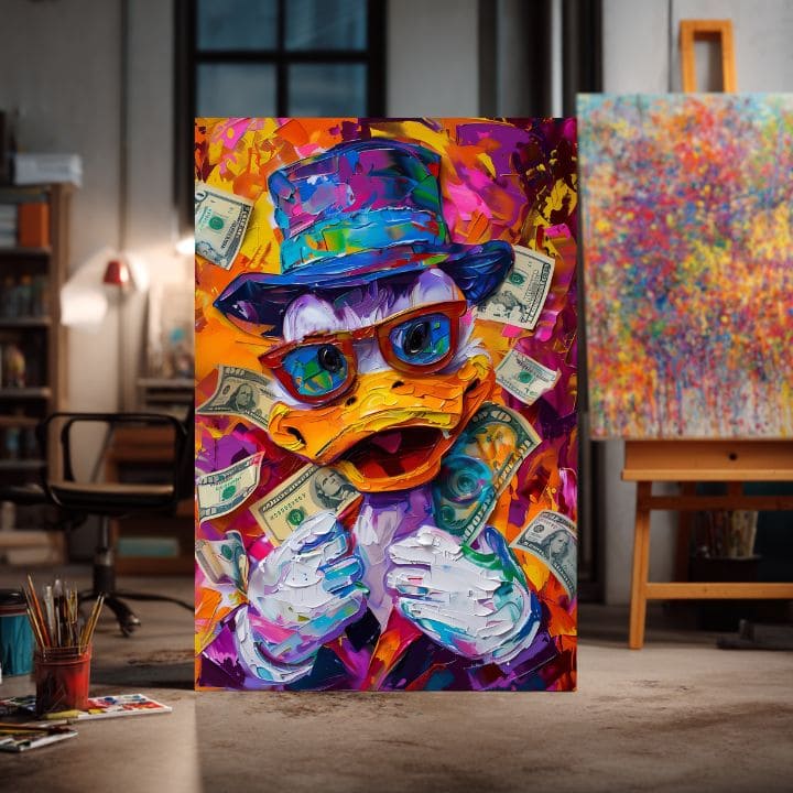 Modern vászonkép motívummal: Money Duck, szemüveg narancs-lila árnyalatokban, energikus hangulat, popkultúra | Kép Money Duck – termék