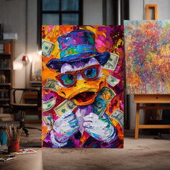 Modern vászonkép motívummal: Money Duck, szemüveg narancs-lila árnyalatokban, energikus hangulat, popkultúra | Kép Money Duck – termék