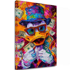 Modern vászonkép motívummal: Money Duck, szemüveg narancs-lila árnyalatokban, energikus hangulat, popkultúra | Kép Money Duck – fő