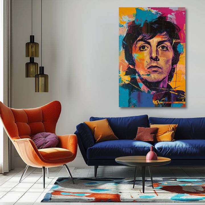 Kézzel festett vászonkép motívummal: Paul McCartney - Beatlesovský génius sárga-lila árnyalatokban, energikus hangulat | Kép Paul McCartney - Beatlesovský génius – termék, nézet 2