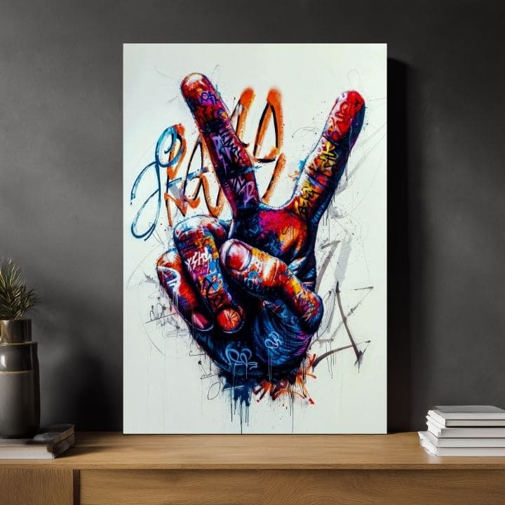 Modern vászonkép motívummal: Peace Hand fekete-fehér árnyalatokban, energikus hangulat | Kép Peace Hand, fali dekoráció – termék