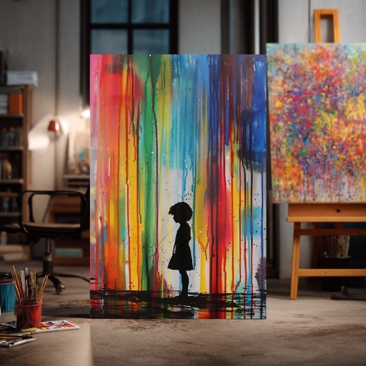 Kézzel festett vászonkép motívummal: Rainbow Silhouette na vásznon, szivárvány kék-zöld árnyalatokban, melankolikus hangulat | Kép Rainbow Silhouette na vásznon – termék, nézet 4