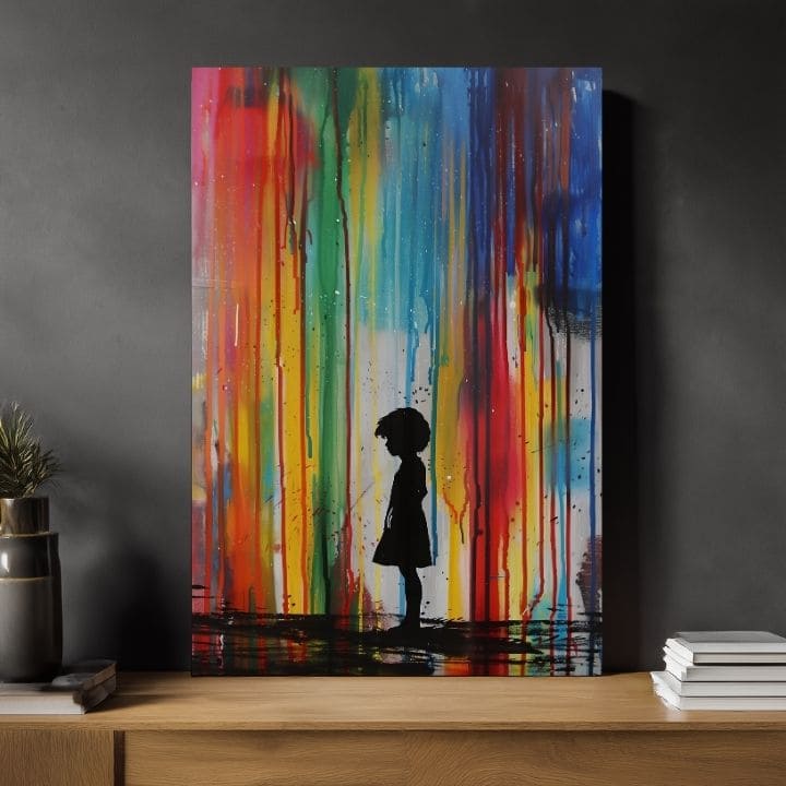 Kézzel festett vászonkép motívummal: Rainbow Silhouette na vásznon, szivárvány kék-zöld árnyalatokban, melankolikus hangulat | Kép Rainbow Silhouette na vásznon – termék