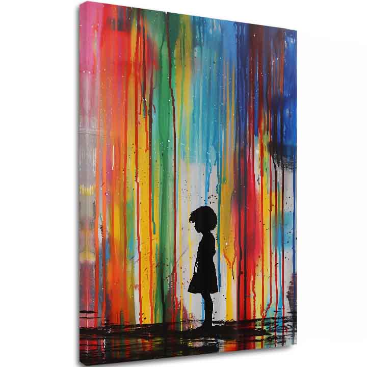 Kézzel festett vászonkép motívummal: Rainbow Silhouette na vásznon, szivárvány kék-zöld árnyalatokban, melankolikus hangulat | Kép Rainbow Silhouette na vásznon – fő