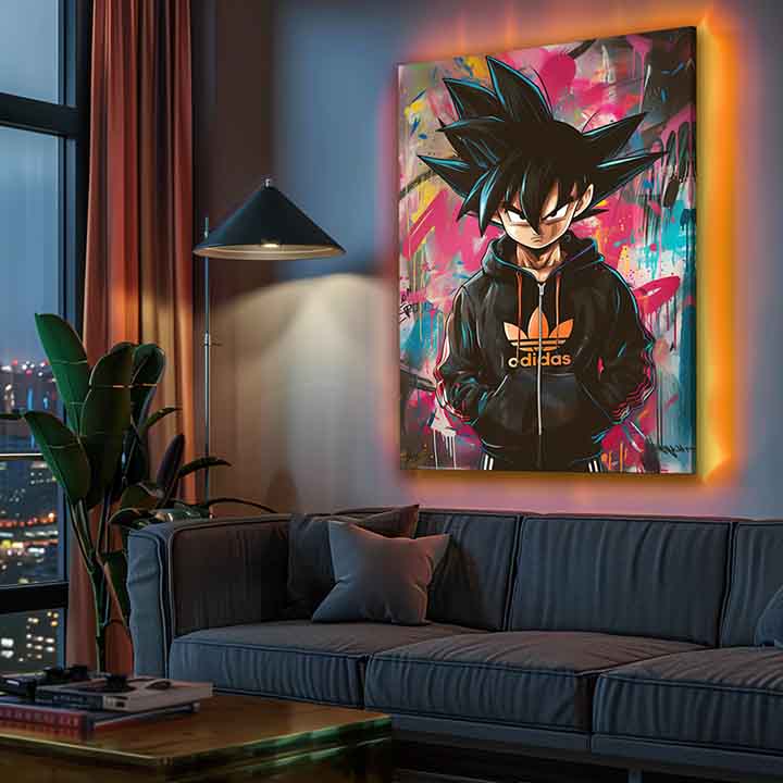 Modern vászonkép motívummal: Saiyan: Bojovník moci fekete-lila árnyalatokban, energikus hangulat | Kép Saiyan: Bojovník moci – termék