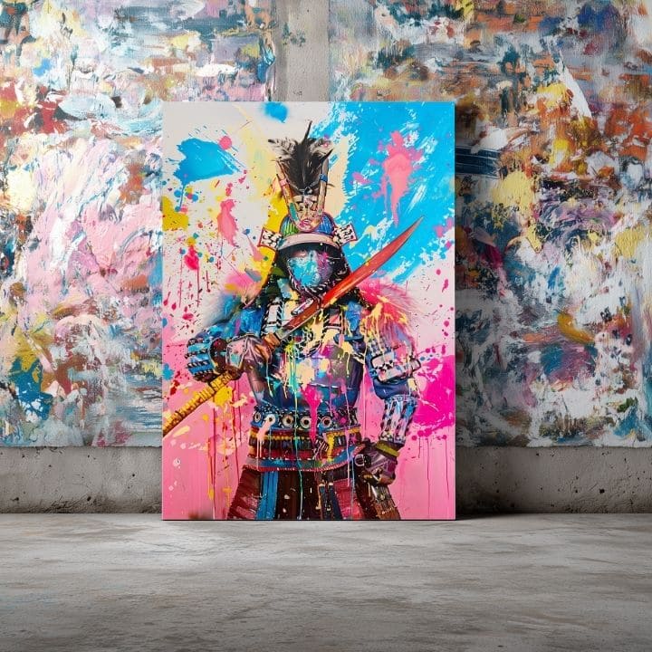 Kézzel festett vászonkép motívummal: Samurai Spirit na vásznon sárga-fehér árnyalatokban, energikus hangulat, erő | Kép Samurai Spirit na vásznon – termék