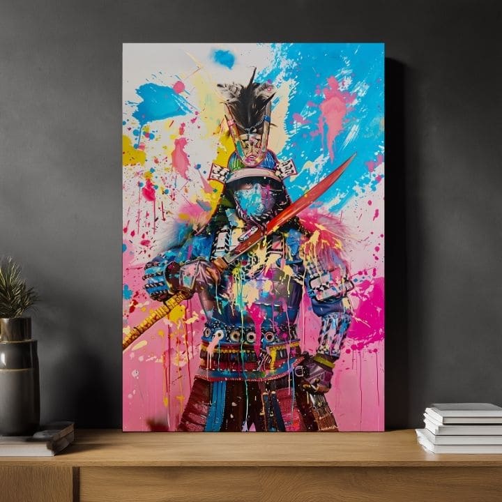 Kézzel festett vászonkép motívummal: Samurai Spirit na vásznon sárga-fehér árnyalatokban, energikus hangulat, erő | Kép Samurai Spirit na vásznon – termék, nézet 2