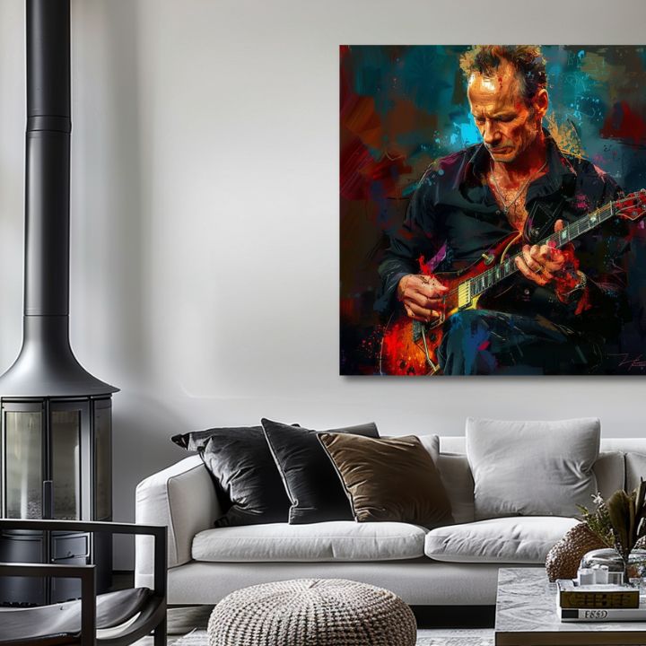 Kézzel festett vászonkép motívummal: Sting - Király Grammy kék-piros árnyalatokban, intenzív hangulat, rock and roll és kreativitás | Kép Sting - Király Grammy – termék