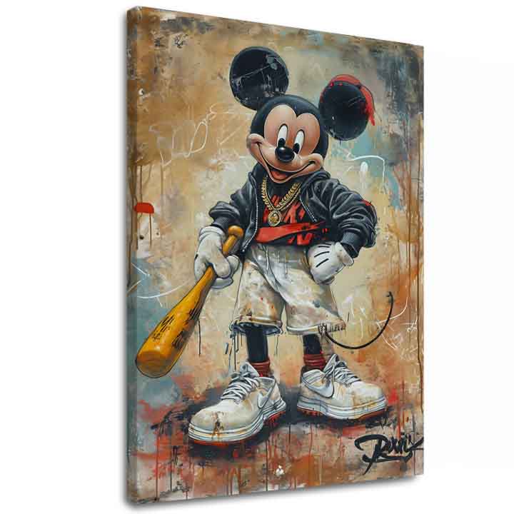 Kézzel festett vászonkép motívummal: Street Mickey na vásznon bézs-fekete árnyalatokban, városi hangulat, popkultúra és nosztalgia | Kép Street Mickey na vásznon – fő