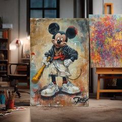 Kézzel festett vászonkép motívummal: Street Mickey na vásznon fekete-fehér árnyalatokban, merész hangulat, popkultúra és városi élet | Kép Street Mickey na vásznon – termék, nézet 3