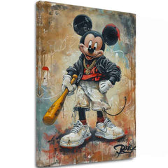 Kézzel festett vászonkép motívummal: Street Mickey na vásznon fekete-fehér árnyalatokban, merész hangulat, popkultúra és városi élet | Kép Street Mickey na vásznon – fő