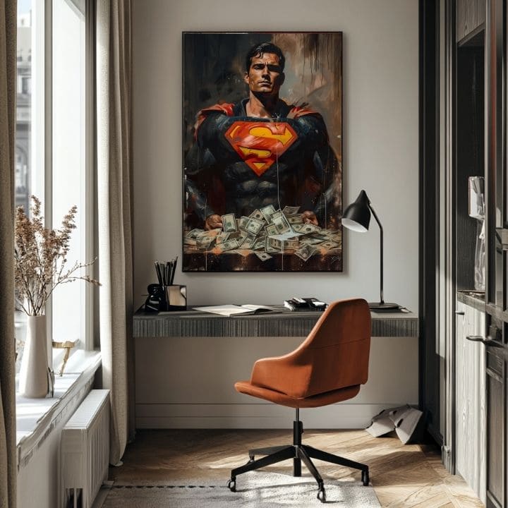 Kézzel festett vászonkép motívummal: Superman: Muž peňazí piros-sárga árnyalatokban, erő és hatalom | Kép Superman: Muž peňazí – termék, nézet 2