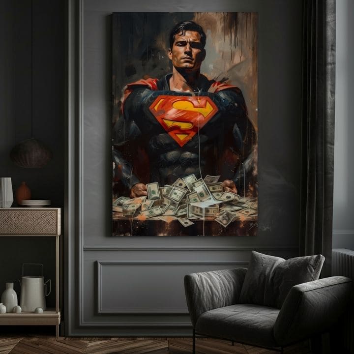 Kézzel festett vászonkép motívummal: Superman: Muž peňazí piros-sárga árnyalatokban, erő és hatalom | Kép Superman: Muž peňazí – termék, nézet 3