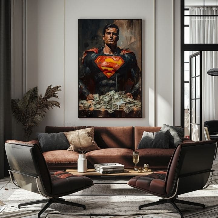 Kézzel festett vászonkép motívummal: Superman: Muž peňazí piros-sárga árnyalatokban, erő és hatalom | Kép Superman: Muž peňazí – termék, nézet 4