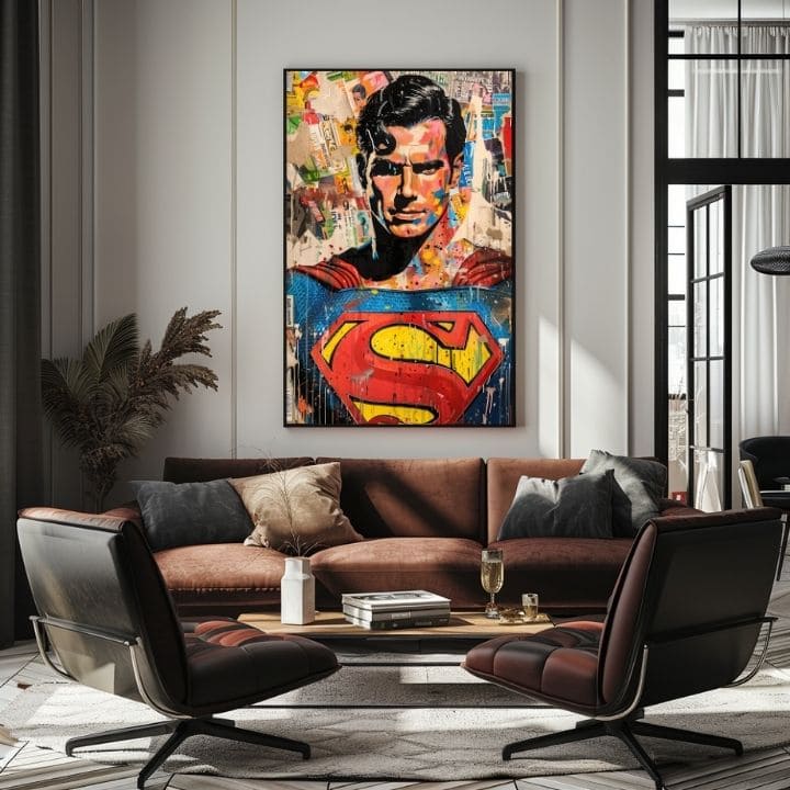 Kézzel festett vászonkép motívummal: Superman: Pop ikona kék-sárga árnyalatokban, popkultúra és városi élet | Kép Superman: Pop ikona – termék, nézet 2