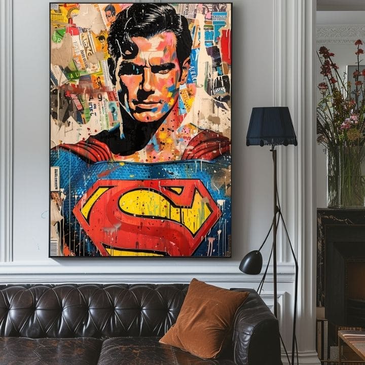 Kézzel festett vászonkép motívummal: Superman: Pop ikona kék-sárga árnyalatokban, popkultúra és városi élet | Kép Superman: Pop ikona – termék, nézet 3