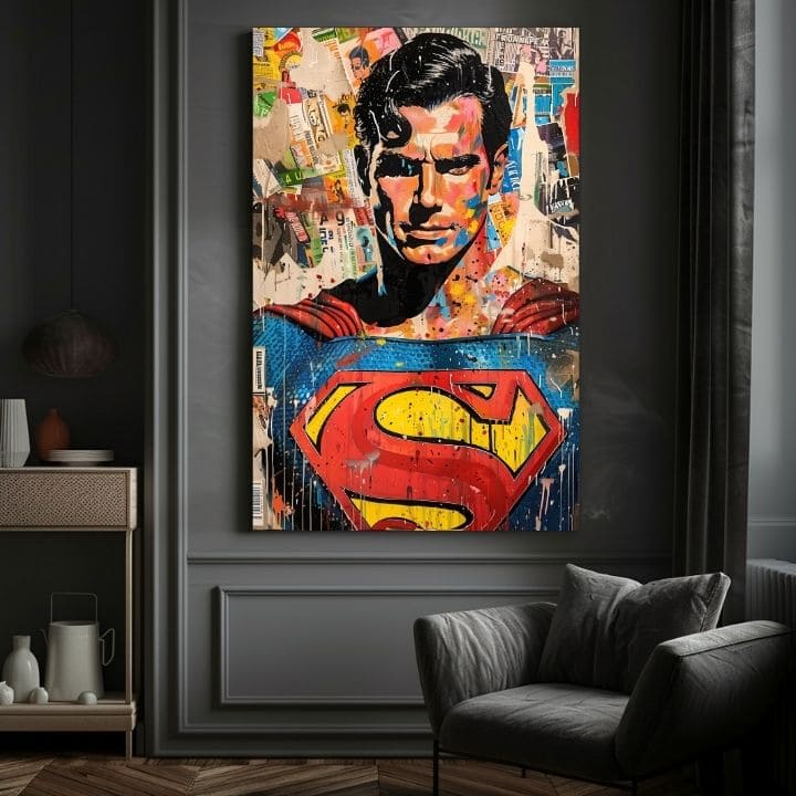 Kézzel festett vászonkép motívummal: Superman: Pop ikona kék-sárga árnyalatokban, popkultúra és városi élet | Kép Superman: Pop ikona – termék, nézet 4