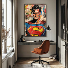 Kézzel festett vászonkép motívummal: Superman: Pop ikona kék-sárga árnyalatokban, popkultúra és városi élet | Kép Superman: Pop ikona – termék