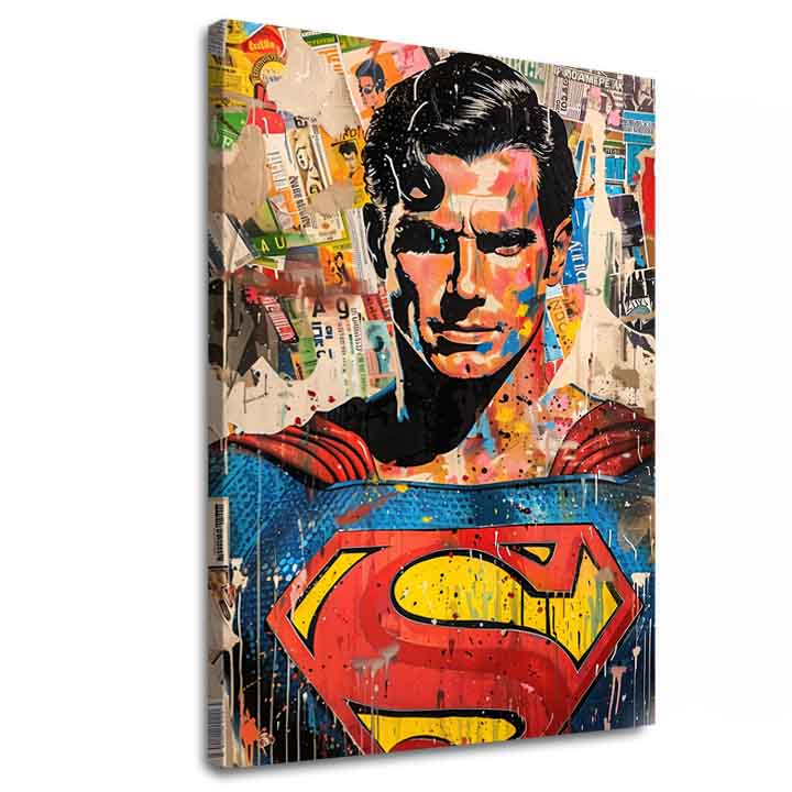 Kézzel festett vászonkép motívummal: Superman: Pop ikona kék-sárga árnyalatokban, popkultúra és városi élet | Kép Superman: Pop ikona – fő